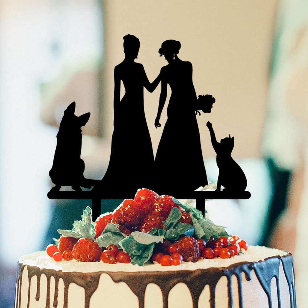 Mrs And Mrs Lesbians Wedding Cake Topper Bride Couple Rustic Cake Topper Lesbian Couple Silhouette Wedding Cake Topper with Sphynx Cat Silhouette LGBTQ Custom Cake Toppers with Dog Black Acrylic
