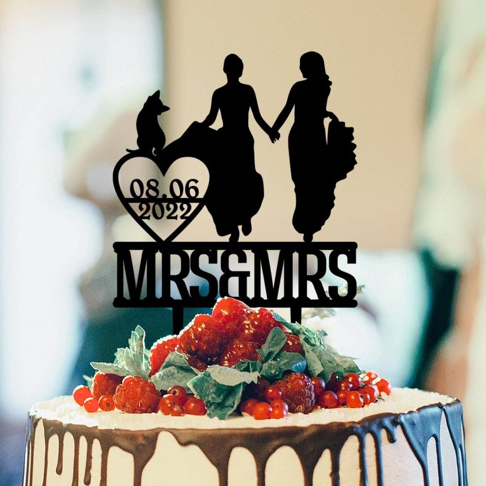 Lesbian Marriage Rustic Cake Topper Mrs And Mrs Wedding Cake Topper Two Brides Silhouette Wedding Cake Topper with Dachshund Dog Silhouette Personalized LGBT Dog Cake Toppers with Dog Black Acrylic