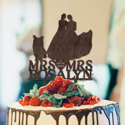 Mrs And Mrs Lesbians Wedding Cake Topper Bride & Bride Rustic Cake Topper Bride Two Girl Silhouette Wedding Cake Topper with French Bulldog And Dachshund LGBT Hers Custom Cake Toppers Wood