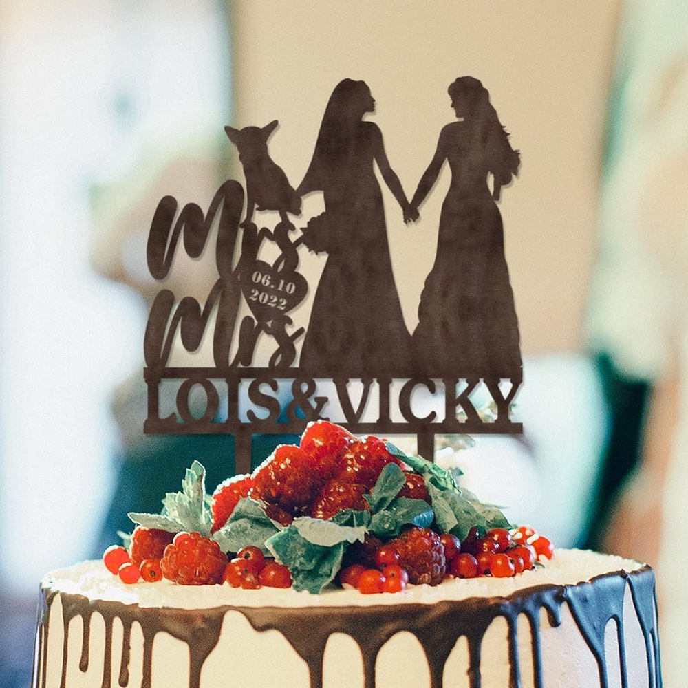 Lesbian Couple Silhouette Wedding Cake Topper LGBTQ Custom Cake Decoration with Dog Mrs And Mrs Lesbians Wedding Cake Topper Two Brides Rustic Cake Topper with Dog Doberman And Rottweiler Wood