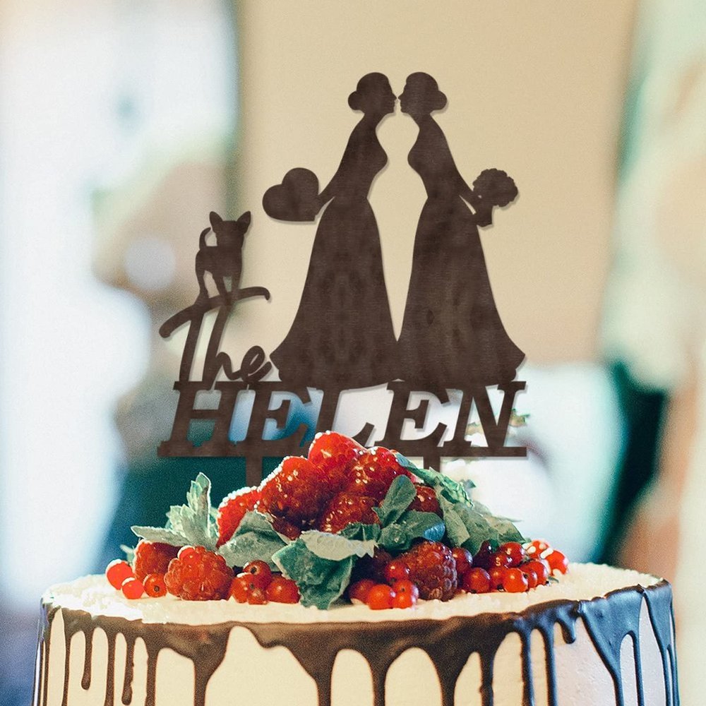 Lesbian Couple Silhouette Wedding Cake Topper Custom LGBTQ Engagement Cake Toppers Mrs And Mrs Lesbians Cake Topper Two Brides Rustic Cake Topper with Jack Russell Terrier And Dachshund Wood