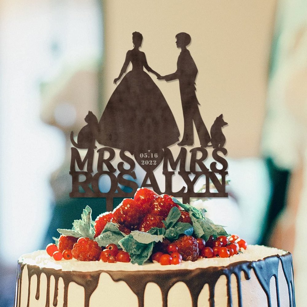 Bride Two Girl Silhouette Wedding Cake Topper Custom LGBTQ Anniversary Cake Toppers Lesbian Bride And Bride Cake Toppers for Wedding Mrs & Mrs Cake Topper with Dog Doberman And Poodle Brown Wood