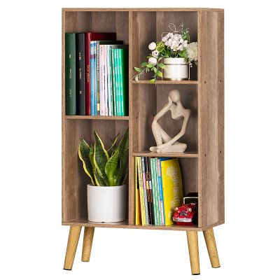5 Cube Small Bookshelf,3 Tier Mid-Century Modern Bookcase with Legs,Wood Kids Bookshelves Storage Organizer Shelf,Free Standing Narrow Book Shelves,Oak Grey Corner Bookcases for Bedroom,Living Room