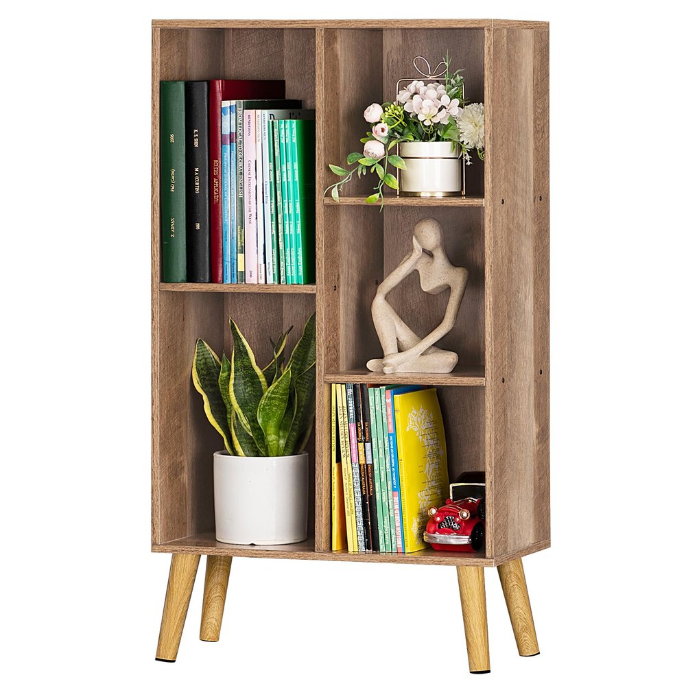 5 Cube Small Bookshelf,3 Tier Mid-Century Modern Bookcase with Legs,Wood Kids Bookshelves Storage Organizer Shelf,Free Standing Narrow Book Shelves,Oak Grey Corner Bookcases for Bedroom,Living Room