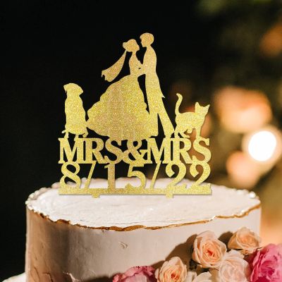 Lesbian Couple Silhouette Wedding Cake Topper Custom LGBTQ Cake Toppers with Dog Lesbian Bride And Bride Cake Toppers for Wedding Mrs & Mrs LGBT Cake Topper with French Bulldog Acrylic Gold