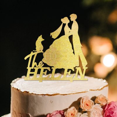 Lesbian Bride And Bride Cake Toppers Mrs & Mrs Two Women Rustic Cake Topper Two Brides Silhouette Wedding Cake Topper with Pug Dog And German Shepherd Personalized LGBT Dog Cake Toppers Acrylic Gold
