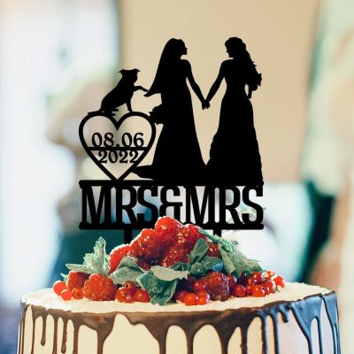 Lesbian Bride And Bride Cake Toppers for Wedding Mrs And Mrs Cake Topper Bride Two Girl Silhouette Wedding Cake Topper with Sphynx Cat And Shiba Inu LGBT Hers Custom Cake Toppers Black Acrylic