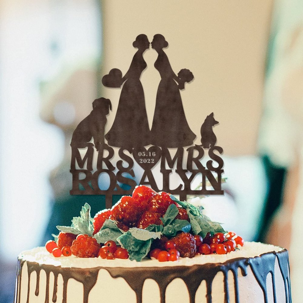 Lesbian Marriage Cake Topper for Wedding Mrs & Mrs Rustic Cake Topper Bride Two Girl Silhouette Wedding Cake Topper with French Bulldog And Afghan Hound Personalized Bride LGBT Toppers with Dog Wood