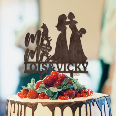 Lesbian Marriage Cake Topper Bride Mrs And Mrs Wedding Cake Topper Lesbian Couple Silhouette Wedding Cake Topper with Pug Dog And Sphynx Cat LGBT Hers And Hers Custom Cake Toppers Brown Wood