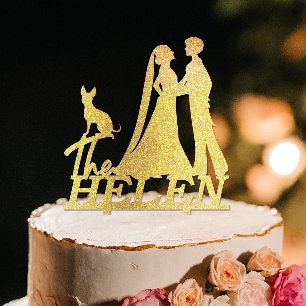 Bride Two Girl Silhouette Wedding Cake Topper LGBTQ Custom Engagement Cake Toppers Mrs And Mrs Lesbians Cake Topper Bride Couple Rustic Cake Topper with Pit Bull Dog Silhouette Acrylic Gold