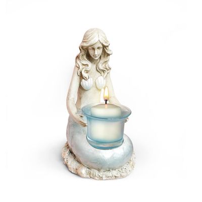 BOOMLATU Vintage Mermaid Tea Light Candle Holder with Glass,Distressed Mermaid Jewelry Tray Statue for Home Decor