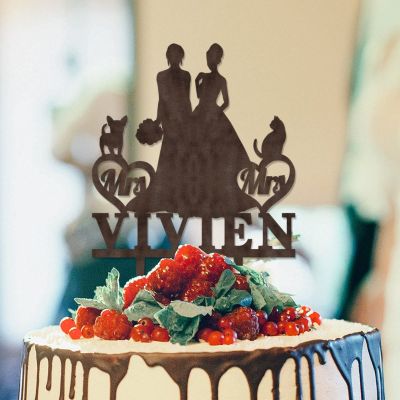 Bride And Bride Silhouette Wedding Cake Topper Personalized LGBT Same Sex Toppers with Dog Lesbian Marriage Rustic Cake Topper Mrs & Mrs Wedding Cake Topper with Sphynx Cat And Dachshund Wood