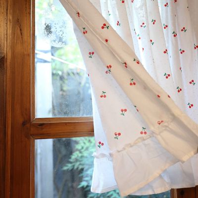 A.Monamour Short Curtain for Small Window Semi-Transparent White Cotton Pom-Pom Textured Cherry Pattern Window Valance Panel Drapes Half Curtain for Kitchen Caf Bedroom Cabinet Curtain Door Curtain