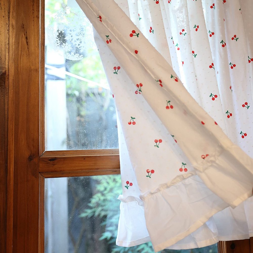 A.Monamour Short Curtain for Small Window Semi-Transparent White Cotton Pom-Pom Textured Cherry Pattern Window Valance Panel Drapes Half Curtain for Kitchen Caf Bedroom Cabinet Curtain Door Curtain