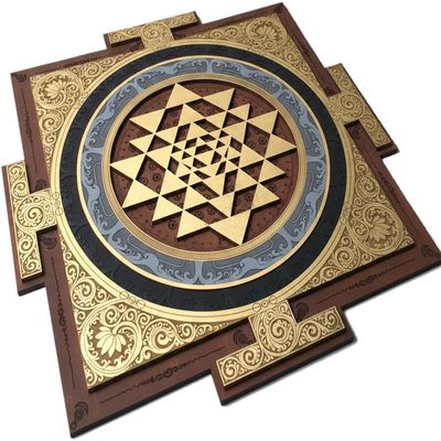 Anatoliawood Sri Yantra Wooden Wall Art 70 cm (27.6), Brown Gold Sacred Geometry Mandala, Anthracite & Light Gray Rings, Laser Cut Meditation Yoga Room Wall Decor