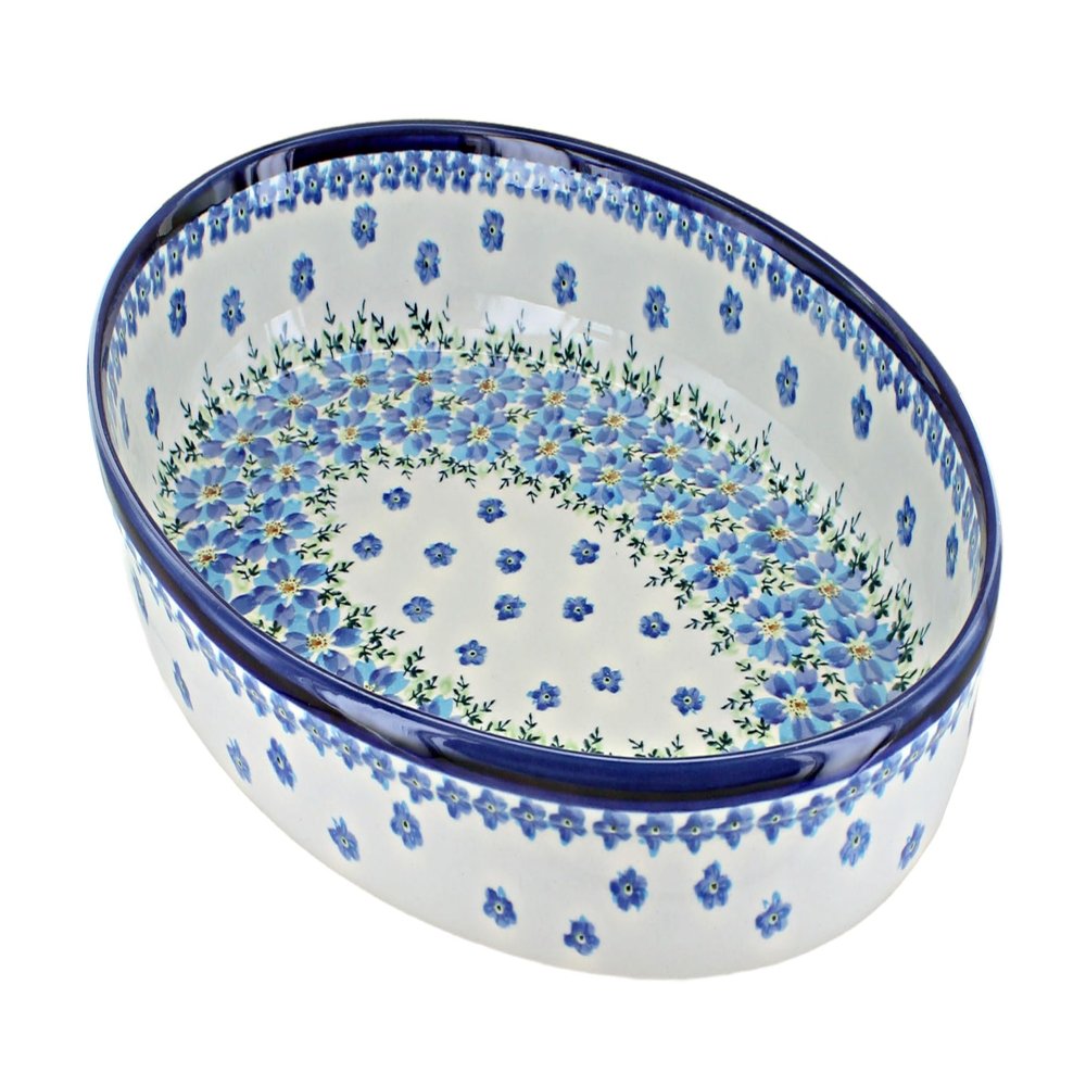 Blue Rose Polish Pottery - Blue Kalina Medium Oval Baker - 12.5" x 9" - Unique, Dishwasher Safe, & Durable Bakeware