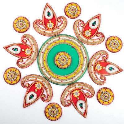 Floor Rangoli Acrylic Handcrafted Indian Traditional Home Dcor for Festival Wedding Party Wall Interior Decoration and Gifting (Red Diya)