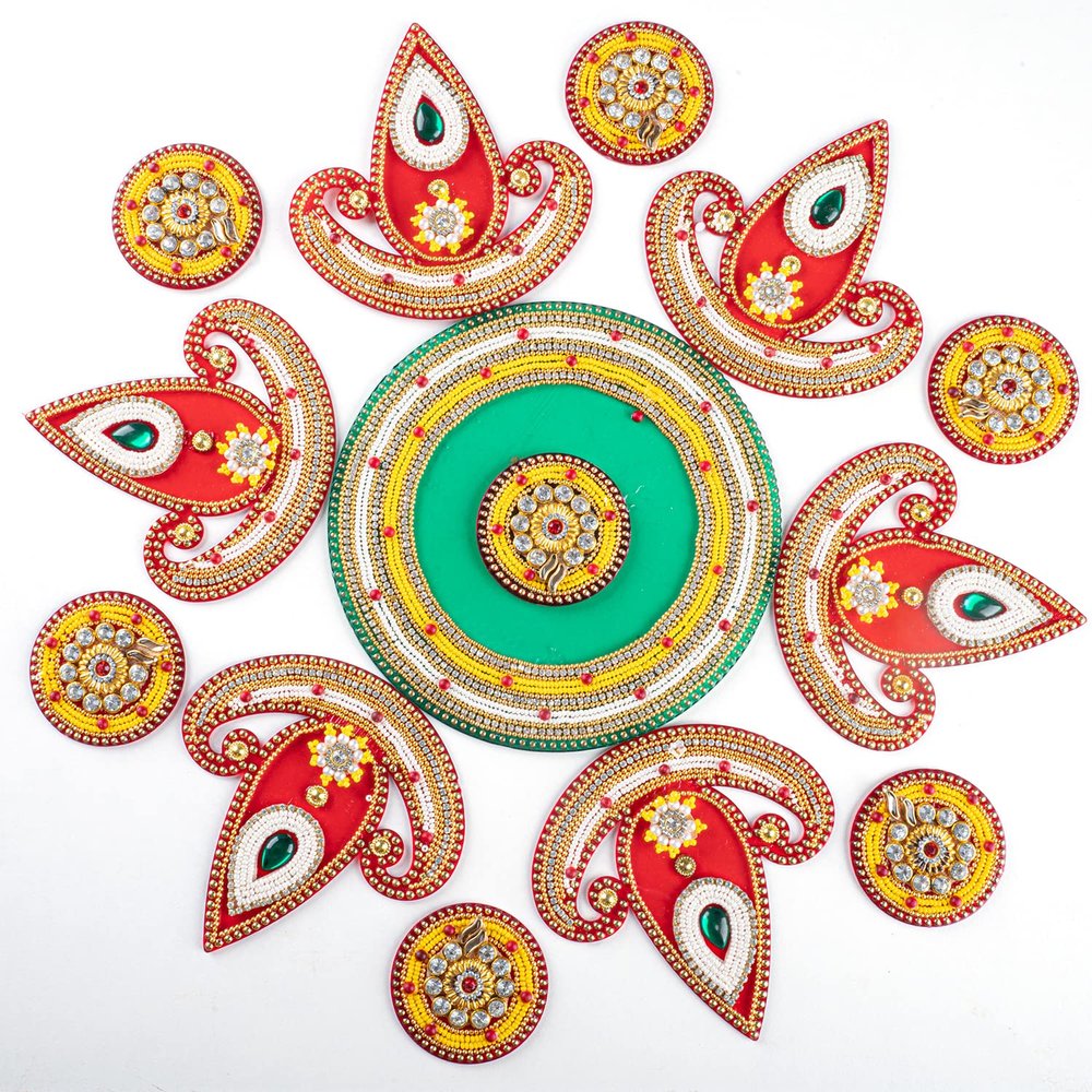 Floor Rangoli Acrylic Handcrafted Indian Traditional Home Dcor for Festival Wedding Party Wall Interior Decoration and Gifting (Red Diya)