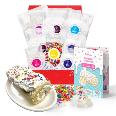 Confetti Swiss Roll Baking Kit For Kids 6-12, Real Jelly Roll Cake Making Set With Pre-Measured Ingredients, Cake Decorating For Girls And Boys With Cream And Rainbow Sprinkles, Kids Baking Gift Set