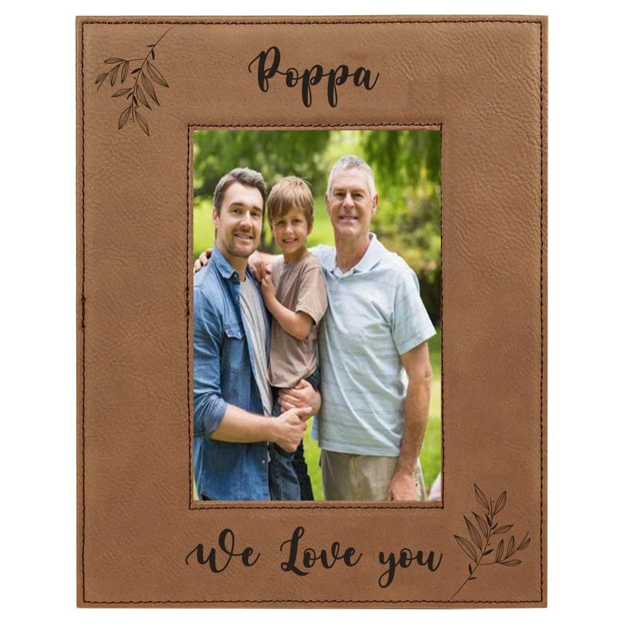 CustomGiftsNow We Love You Poppa - Laser Engraved Faux Leather Dark Brown Leatherette Wall Hanging/Tabletop 8x10 Vertical Picture Group Family New Grandchild Baby Photo Frame