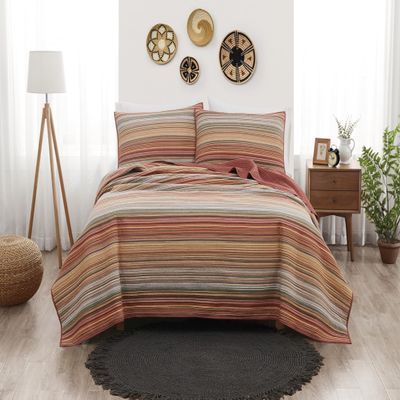 Brooklyn Loom Sunset Stripe Yarn Dye Orange Cotton 3-Piece Full/Queen Quilt Set, Stripe Themed, for Men and Women, Oeko-TEX Certified Confidence