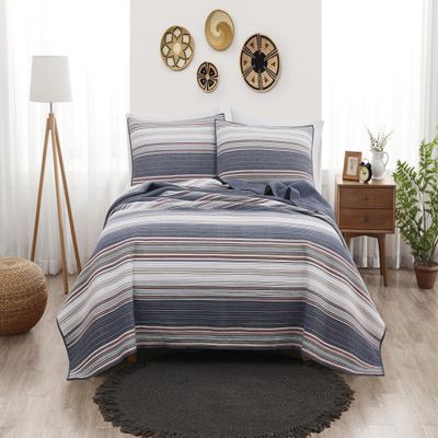 Brooklyn Loom Hudson Stripe Yarn Dye Blue Cotton 3-Piece King Quilt Set, Stripe Themed, for Men and Women, Oeko-TEX Certified Confidence