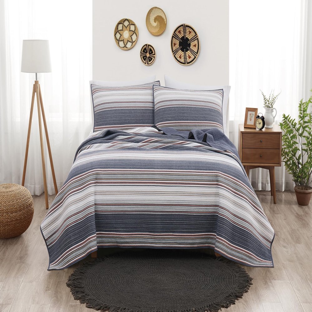 Brooklyn Loom Hudson Stripe Yarn Dye Blue Cotton 3-Piece King Quilt Set, Stripe Themed, for Men and Women, Oeko-TEX Certified Confidence