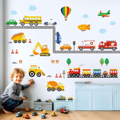 DECOWALL DS-8047 Transports Wall Decals Stickers Kids Peel and Stick Removable Nursery Bedroom Living Construction Boys Childrens Toddler car d?cor playroom playroom Vehicles Truck City Road Baby