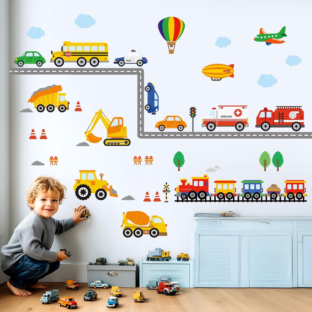 DECOWALL DS-8047 Transports Wall Decals Stickers Kids Peel and Stick Removable Nursery Bedroom Living Construction Boys Childrens Toddler car d?cor playroom playroom Vehicles Truck City Road Baby