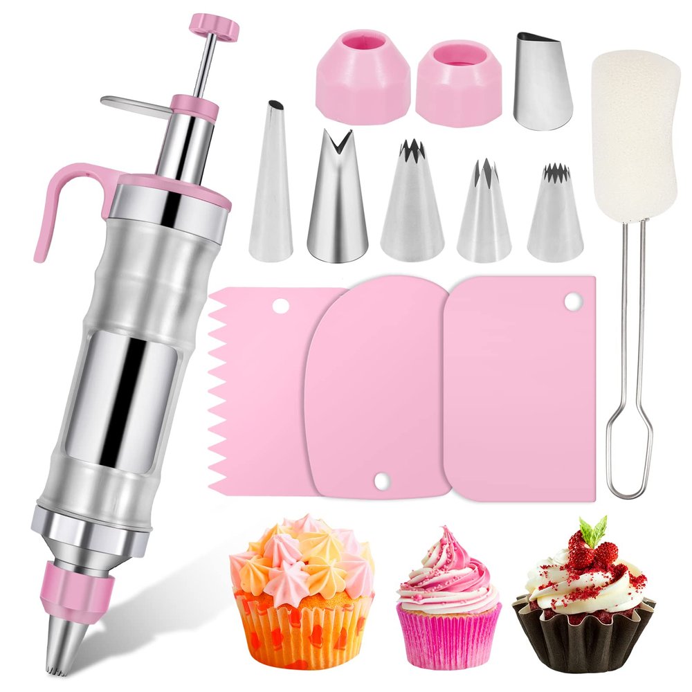 Dualshine Pink Cake Decorating Kit - 6 Russian Piping Icing Nozzles, 3 Cream Scrapers, Stainless Steel Cupcake Frosting Filling Injector
