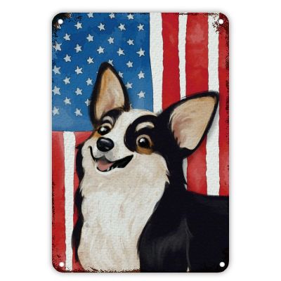 American Flag Corgi Metal Sign Independence Day Metal Tin Sign Memorial Day 4th of July Patriotic Decor Wall Art Vintage Dog Mom Wall Decor for Home Man Cave Bars Cafes Gift for US Veteran,Soldie