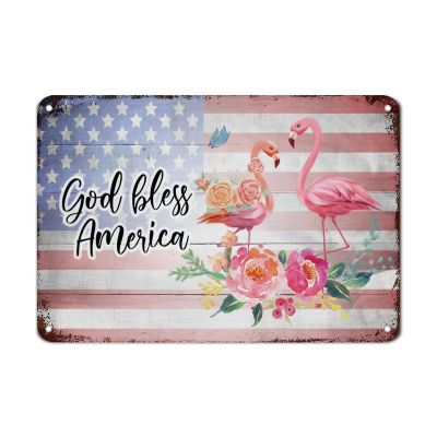 Independence Day Flamingo Metal Sign Memorial Day 4th of July Patriotic Decor American Flag Metal Sign Vintage Metal Wall Art God Bles Wall Decor for Home Man Cave Porch Garden Gift for US Veteran