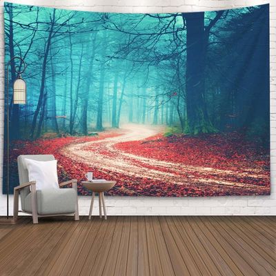 EMMTEEY Halloween Tapestry - Autumn Forest Road, Red Leaves - Bedroom 80x60 for Friends & Families