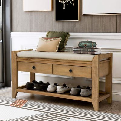 Merax Classic Wood Entryway Bench with Shoe Storge Wood Bench for Hallway Front Door Old Pine with Drawers and Seat Cushion Old Pine