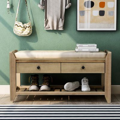 Merax Classic Wood Shoe Storage Bench for Entryway Hallway Front Door Bench with Shoe Self and Seat Cushion Gray Wash