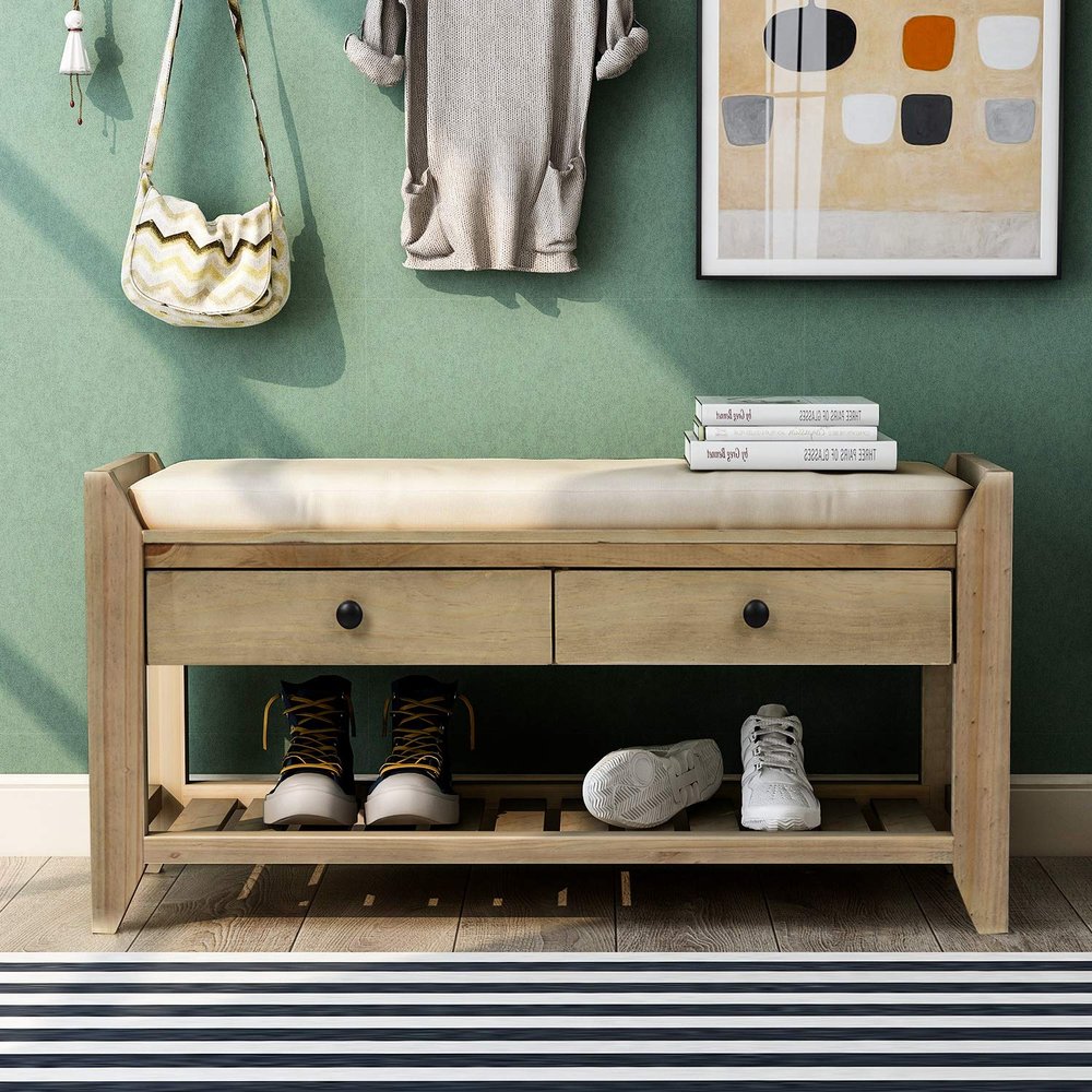 Merax Classic Wood Shoe Storage Bench for Entryway Hallway Front Door Bench with Shoe Self and Seat Cushion Gray Wash