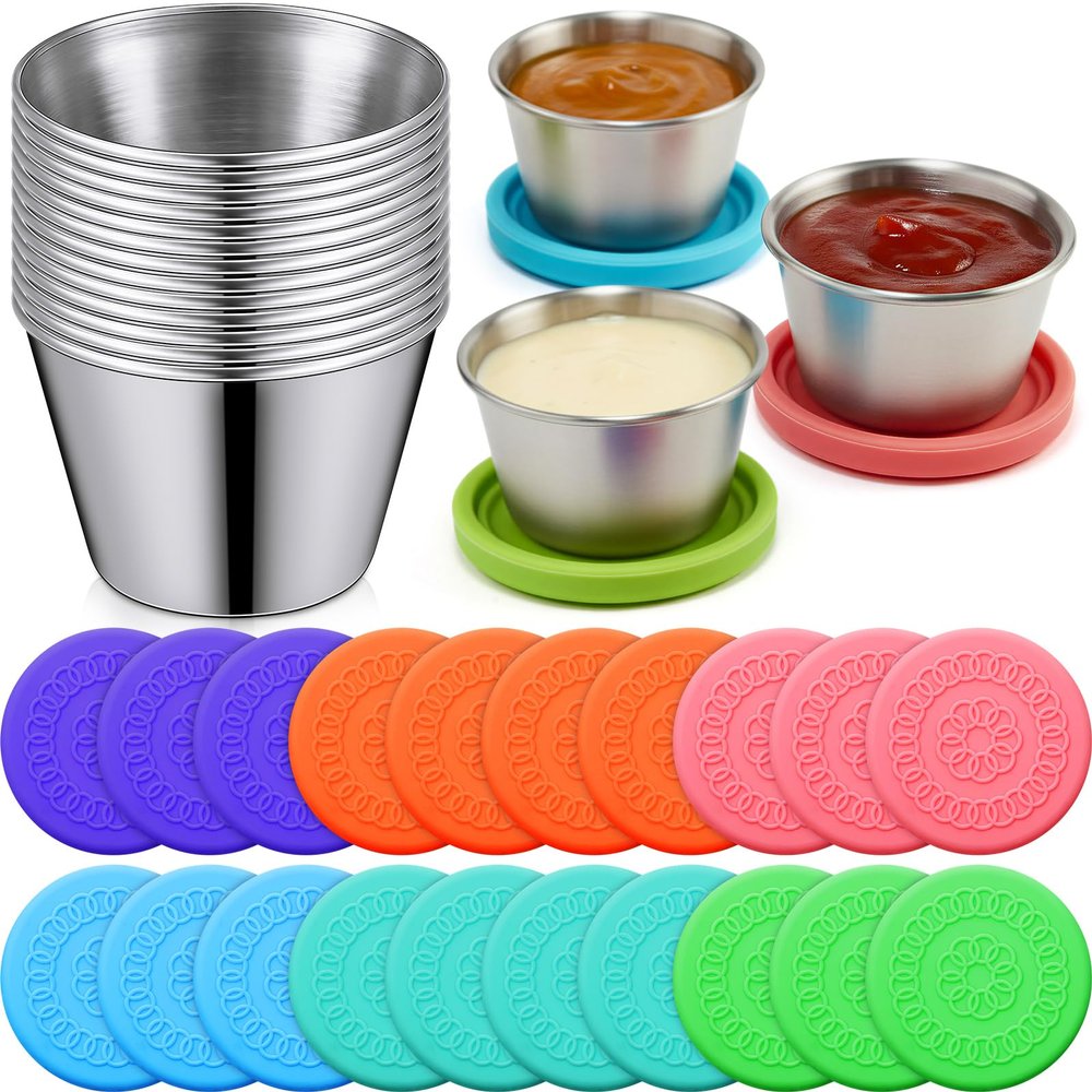 20 Pack 2.5 oz Salad Dressing Container Small Condiment Containers with Leakproof Silicone Lids Stainless Steel Reusable Dipping Sauce Cups for Lunch Box Picnic Travel Kitchen Storage