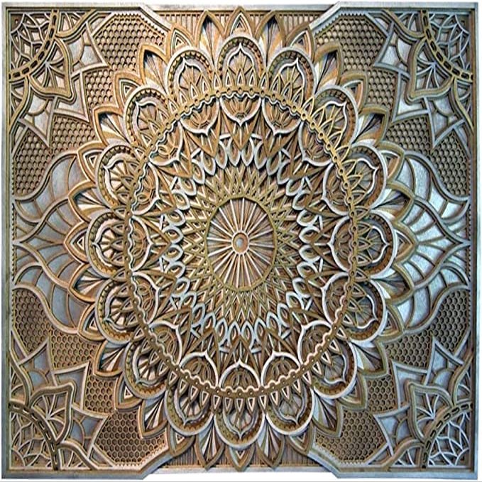 BHDecor Home Wall Decor  Multilayered Laser Cut Carved Elegant Wooden Mandala Hanging MDF Panels for Decoration - Rustic Contemporary Artwork 10.6 x 7.9 inch(27x20cm), Silver/Gold