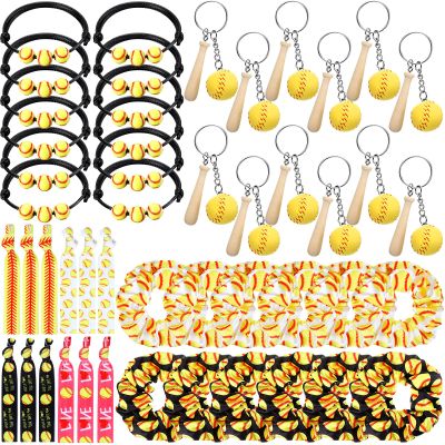 Jexine 48 Pcs Softball Party Favors Set Including 12 Keychains 12 Hair Ties 12 Hair Scrunchies and 12 Charm Bracelets Softball Gifts for Women Team Sports Birthday Party Supplies Decoration