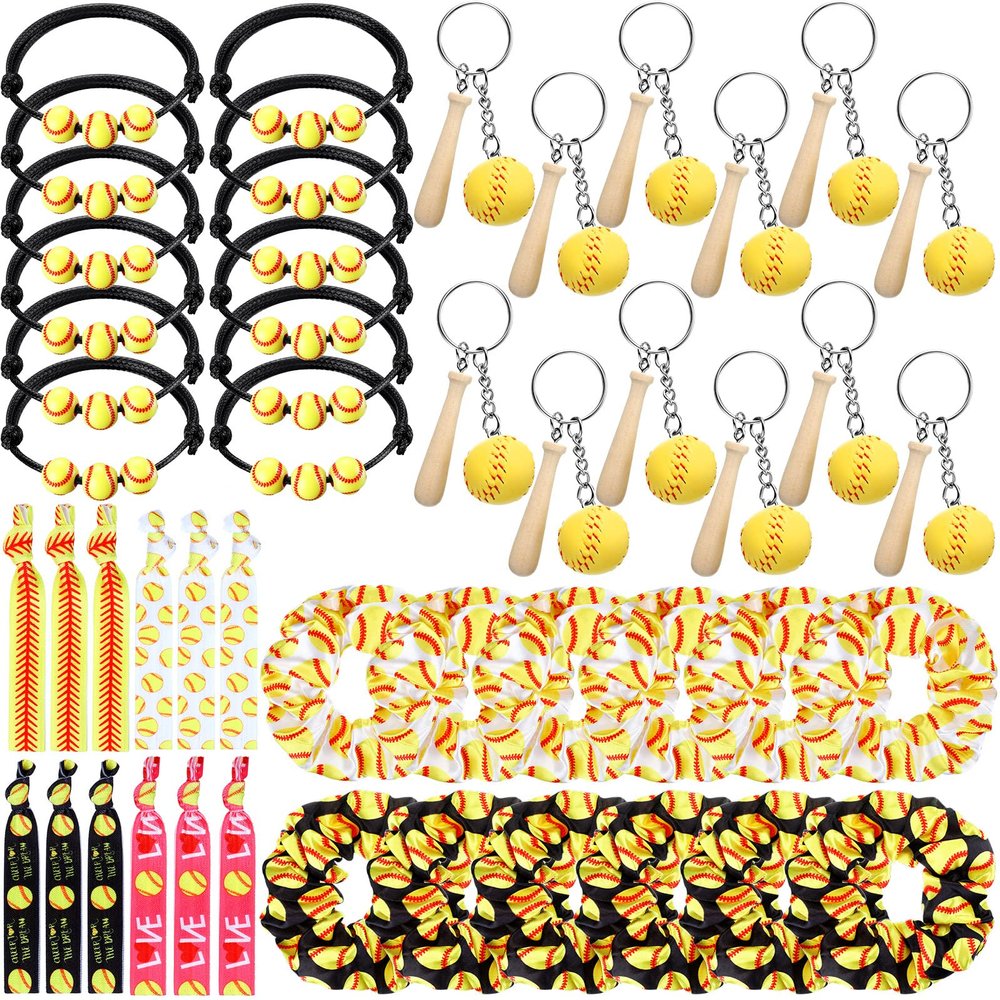 Jexine 48 Pcs Softball Party Favors Set Including 12 Keychains 12 Hair Ties 12 Hair Scrunchies and 12 Charm Bracelets Softball Gifts for Women Team Sports Birthday Party Supplies Decoration