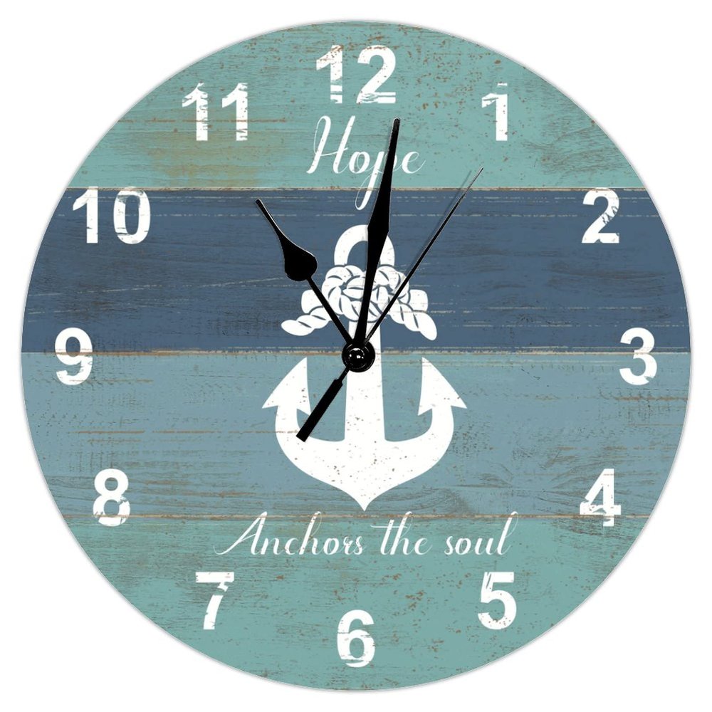 Hope Anchor The Soul Wooden Clock Beach Life Coastal Hanging Wall Clock 10inch Silent Non-Ticking Battery Operated Wooden Clock Decoration for Living Room Kitchen Home Office Classroom