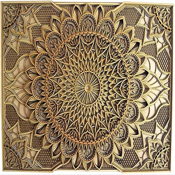 BHDecor Home Wall Decor  Multilayered Laser Cut Carved Elegant Wooden Mandala Hanging MDF Panels for Decoration - Rustic Contemporary Artwork 10.6 x 7.9 inch(27x20cm), Natural Wood