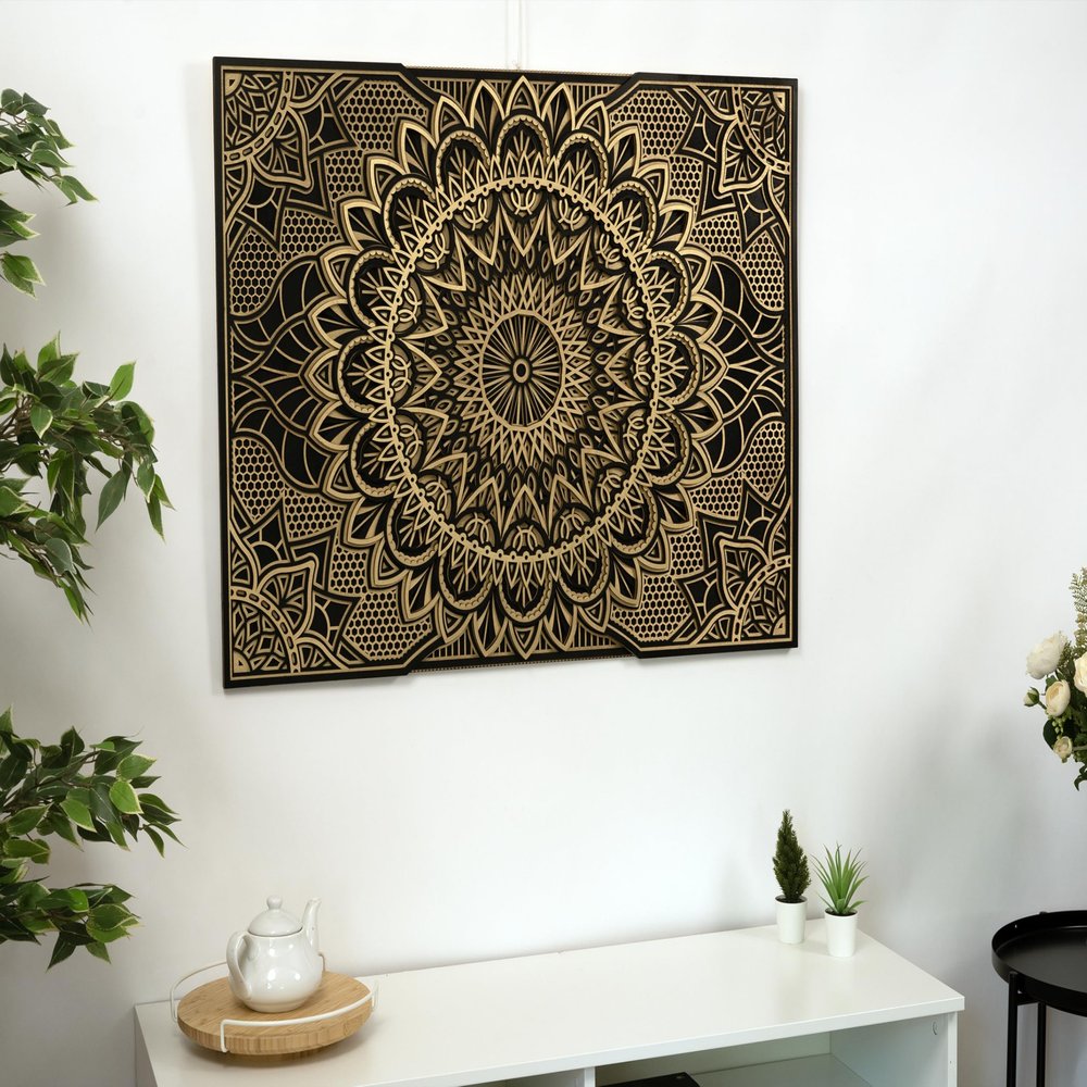 BHDecor Home Wall Decor  Multilayered Laser Cut Carved Elegant Wooden Mandala Hanging MDF Panels for Decoration - Rustic Contemporary Artwork 10.6 x 7.9 inch(27x20cm), Black/Gold