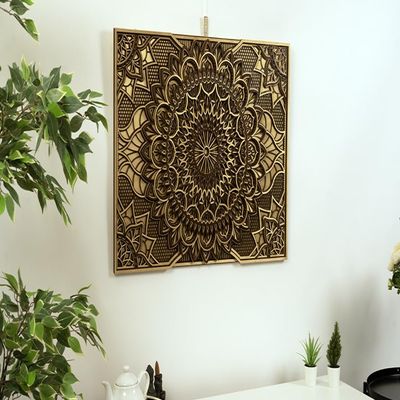 BHDecor Home Wall Decor  Multilayered Laser Cut Carved Elegant Wooden Mandala Hanging MDF Panels for Decoration - Rustic Contemporary Artwork 10.6 x 7.9 inch(27x20cm), Brown/Gold