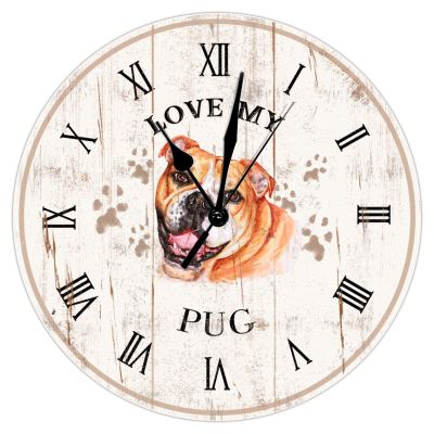 Love My Pug Wooden Clock Puppy Round Wall Clock 12inch Silent Non-Ticking Battery Operated Home Hanging Clock for Bedroom Living Room Decor Office Kitchen