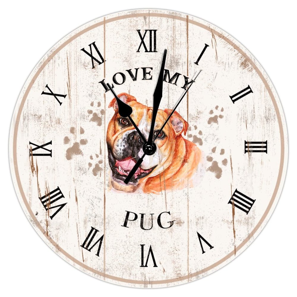 Love My Pug Wooden Clock Puppy Round Wall Clock 12inch Silent Non-Ticking Battery Operated Home Hanging Clock for Bedroom Living Room Decor Office Kitchen