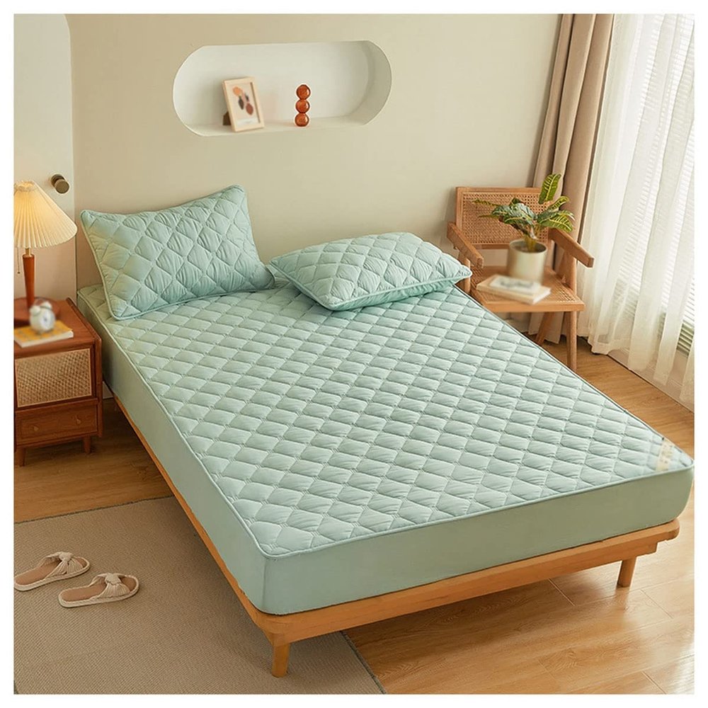 OTBK Deep Fitted Bed SheetsQuilted Mattress Protector Cover 30 Cm Deep Bed Fitted Quilted Mattress Topper Soft & Breathable (Color : Light Bean Green, Size : 150x200cm)