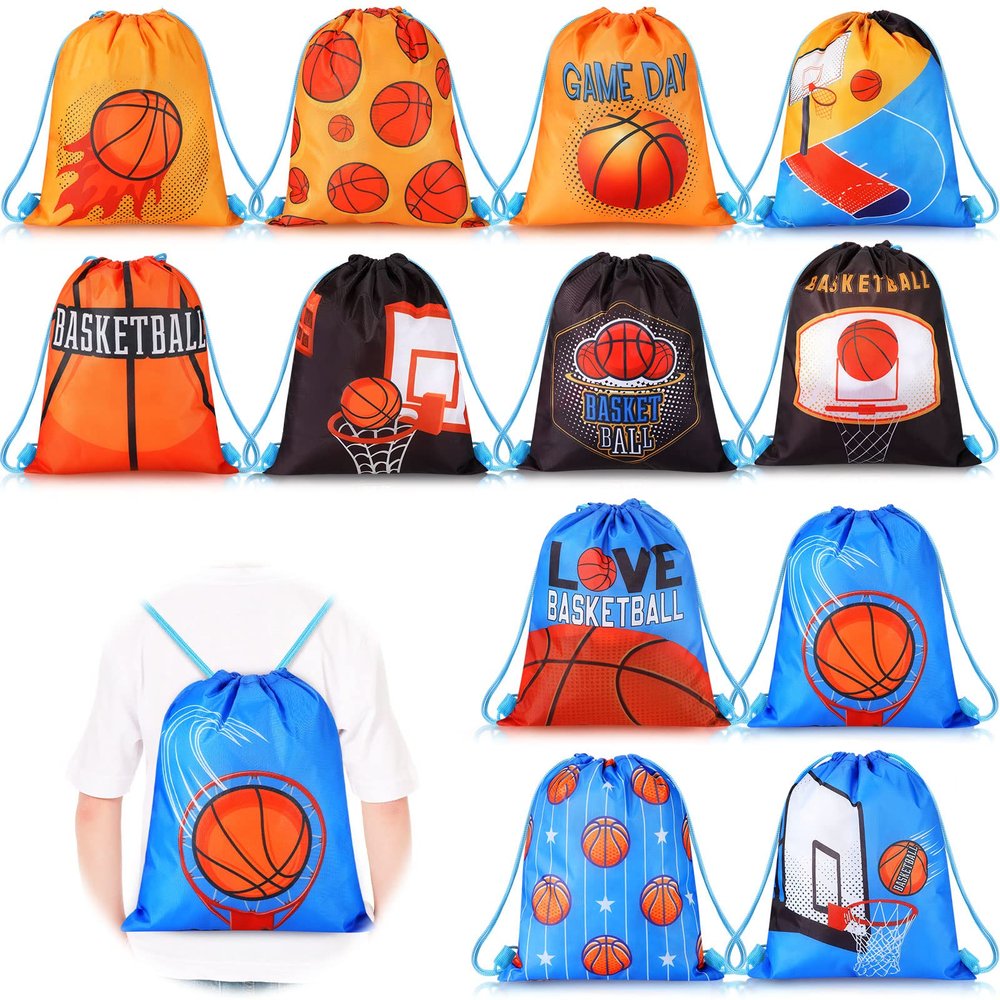 Shappy 12 Pieces Basketball Party Favor Sports Drawstring Present Bags Goodie 12 Styles Backpack Basketball Candy Gym Drawstring Bags for Travel Party Gym Workout Supplies(12 x 14 Inch)