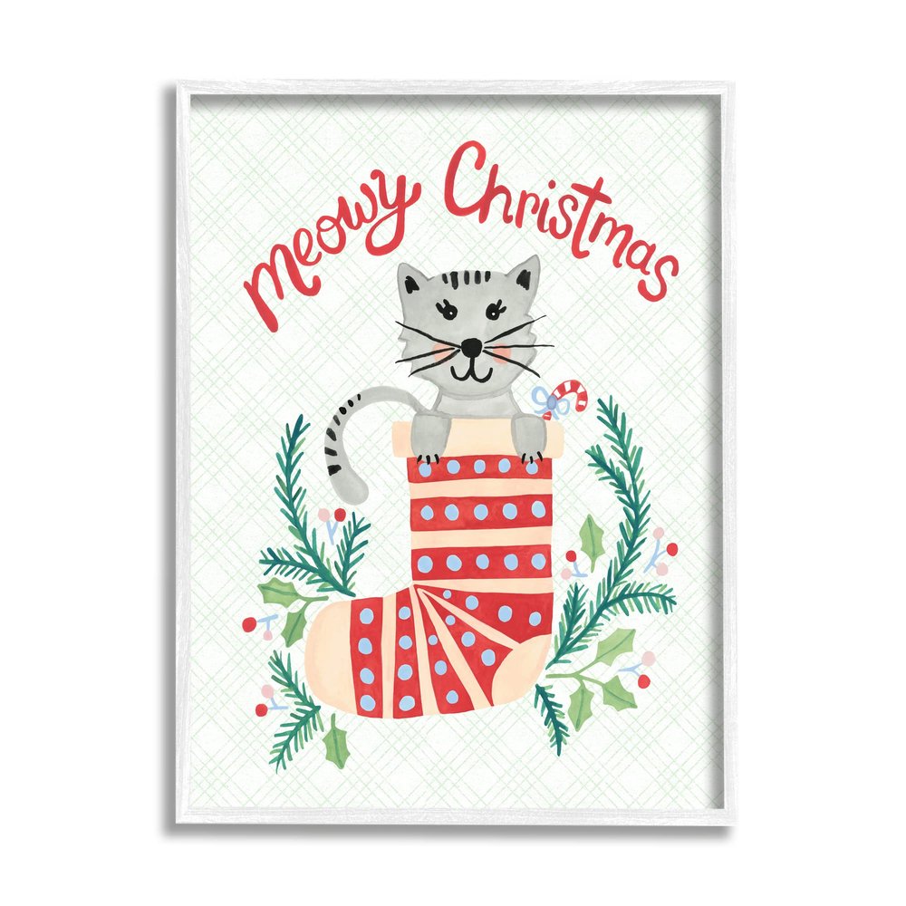 Stupell Industries Meowy Christmas Clever Cat Nestled Patterned Stocking, Design by Heather Strianese