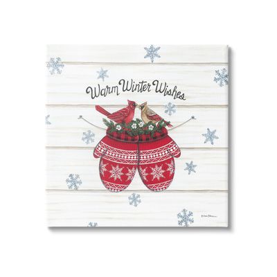 Stupell Industries Warm Winter Wishes Cardinals Perched Festive Mittens, Design by Deb Strain